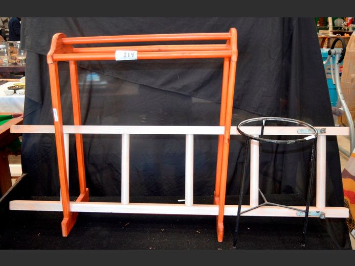 WROUGHT IRON PLANT STAND, PINE TOWEL RAIL & A BUNK BED LADDER