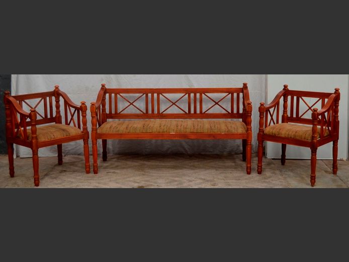 YEW WOOD 3-SEATER SETTEE WITH PAIR MATCHING ARMCHAIRS [Scratched, needs a good clean] [1,27]