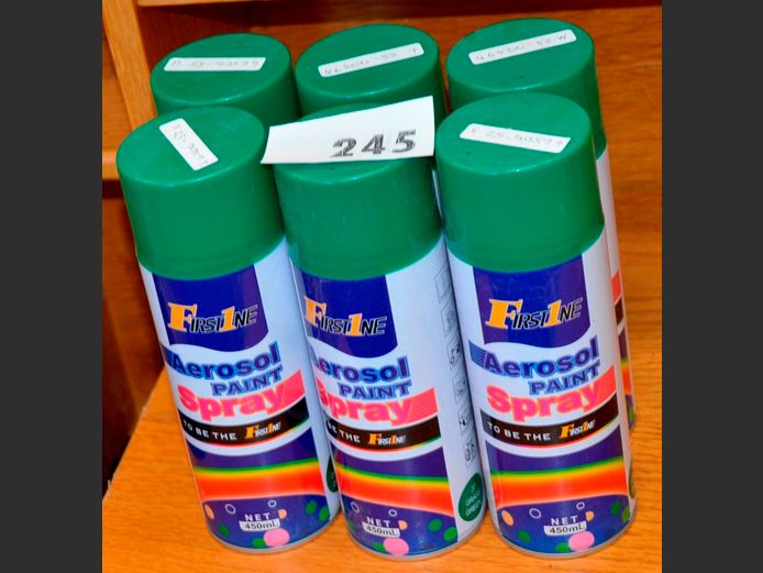 LOT OF 6 TINS: GREEN SPRAYPAINT [Condition of contents unknown]