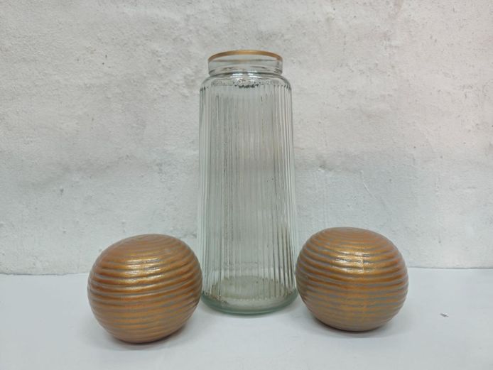 Ribbed Glass Vase with Pair of Metallic Decorative Orbs