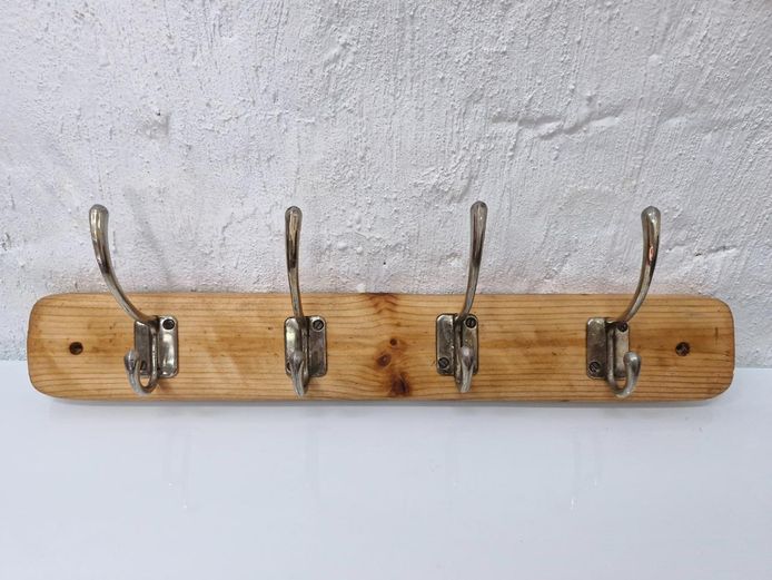 Pine Wood Wall Coat Rack with Metal Hooks