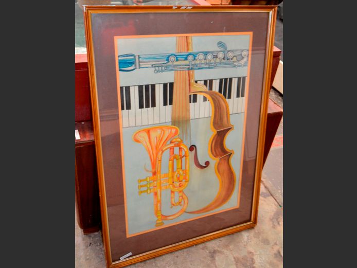 GILT FRAMED WATERCOLOUR "MUSICAL INSTRUMENTS", 66 x 43cm