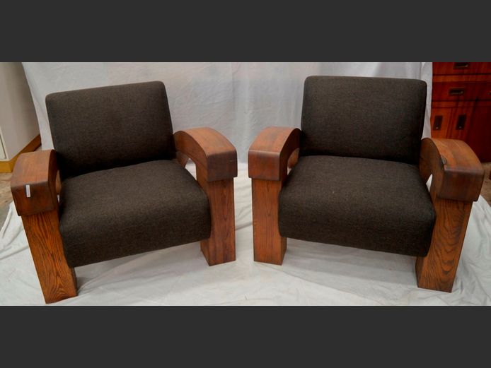 PAIR OKHA DECO STYLE OAK & GREY UPHOLSTERED ARMCHAIRS