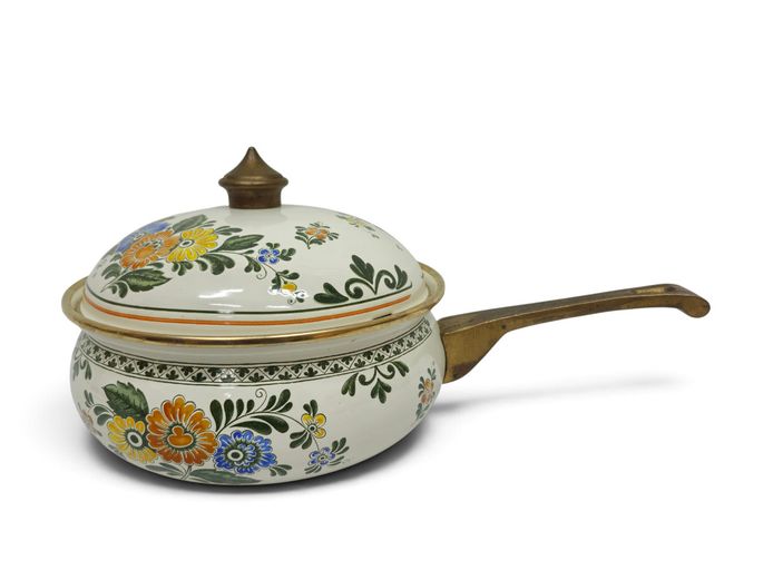 1970's ASTA German Enamelware Saucepan with 24K Gold-Plated Rim & Brass Handle