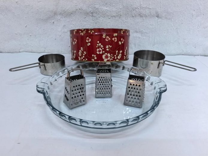Assorted Vintage Kitchenware Lot with Glassware and Tin