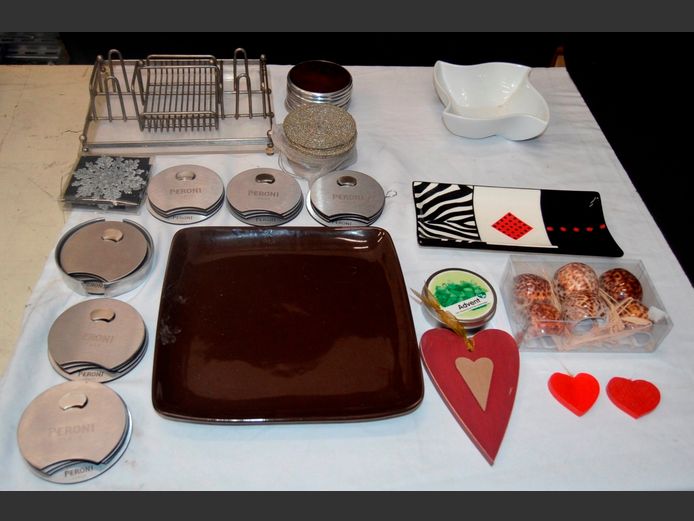 BROWN GLAZED PLATE, STAINLESS STEEL PERONI COASTERS, etc