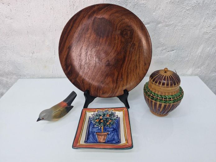 Mixed Decor Lot - Wood Platter, Woven Basket, Ceramic Tray, Wooden Bird