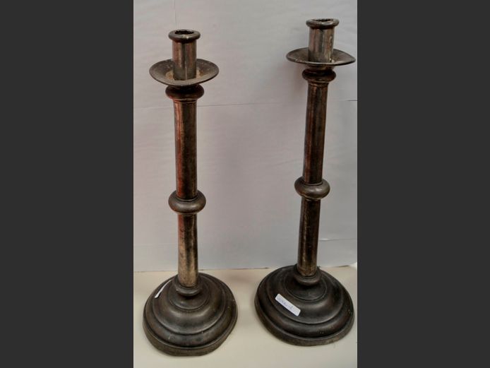 PAIR PEWTER CHURCH CANDLESTICKS, 51cm High