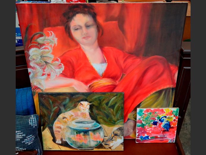 UNFRAMED OIL ON CANVAS "LADY IN RED DRESS", 100 x 100cm, UNFRAMED OIL ON CANVAS "CATS", 60 x 45cm & ANOTHER, 30 x 30cm