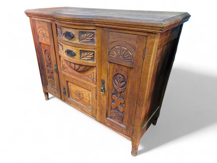 Carved Edwardian Oak Bowfront Sideboard