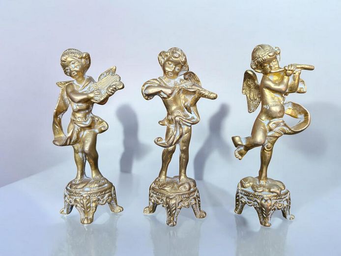 Early 20th Century Solid Ornate Brass Cherub Musician Figurines