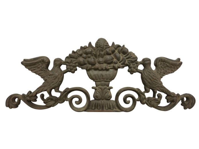 Antique Cast Iron Classical Pediment Mount with Birds & Fruit Urn