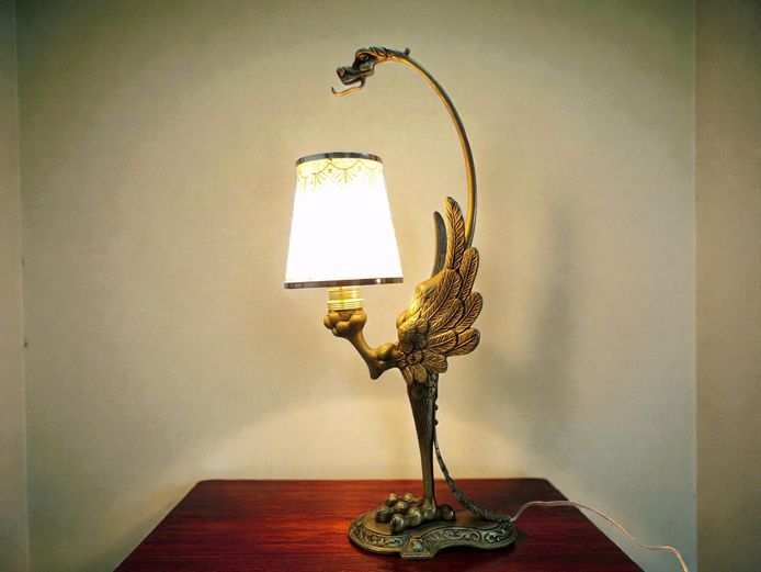 Vintage Brass Chinoiserie Dragon & Phoenix Table Lamp