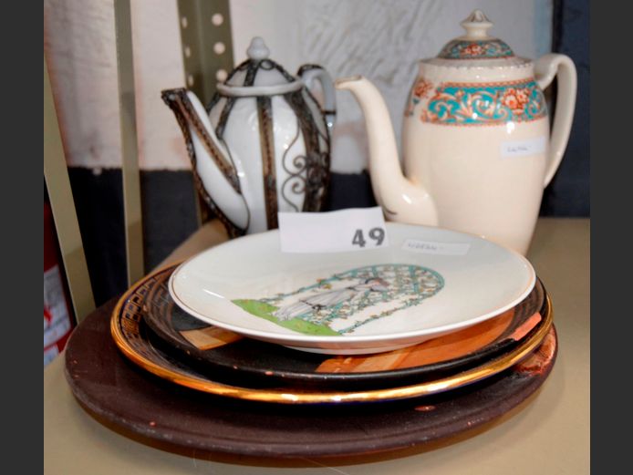 TERRACOTTA WALL PLATES, BLUE & GOLD WALL PLATE, TEAPOTS, etc