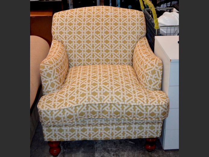 GREEN & WHITE PATTERNED UPHOLSTERED LIBRARY ARMCHAIR