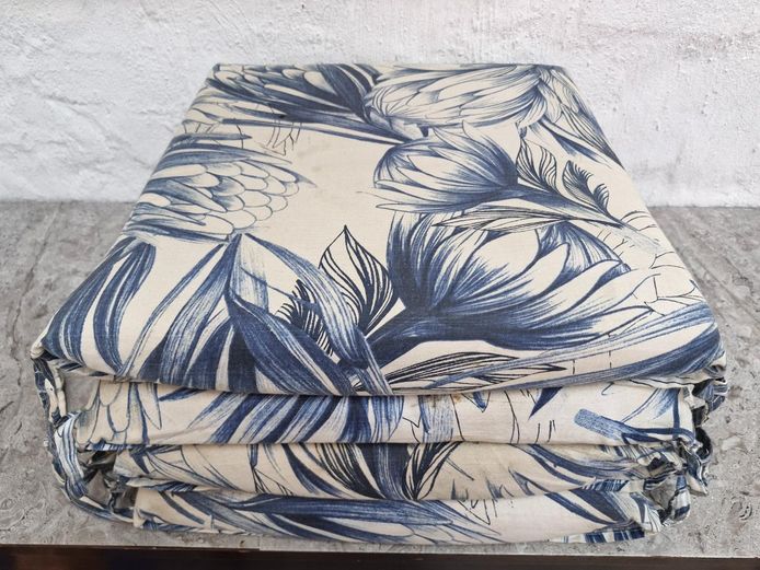 Set of 4 Botanical Protea Print Chair Cushions - Blue/Cream