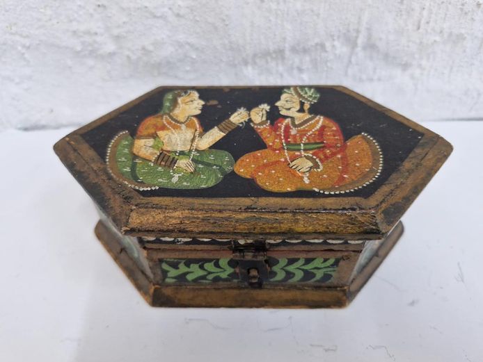 Antique Hand-Painted Indian Wood Trinket Box