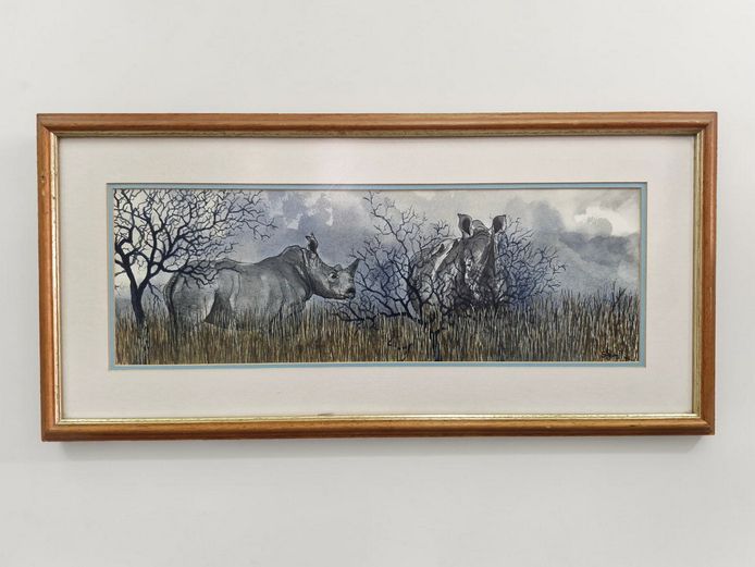 Original Wildlife Watercolor: Two Rhinoceros