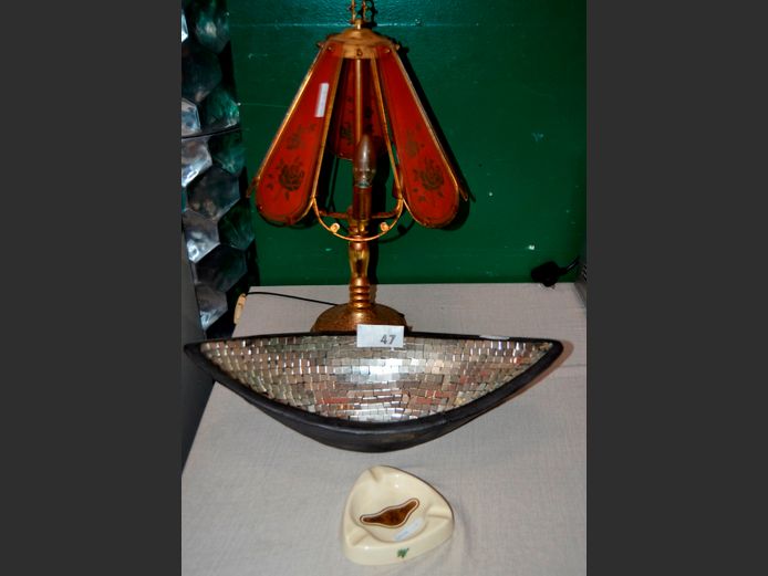 BRASS TABLE LAMP WITH GLASS SHADE, 55cm [ 1 Glass panel needed, brass coating rusted], MOSAIC FRUIT BOWL & ASHTRAY