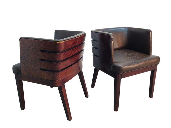 Pair of Mid-Century Style Barrel Chairs with Slatted Wood Backs