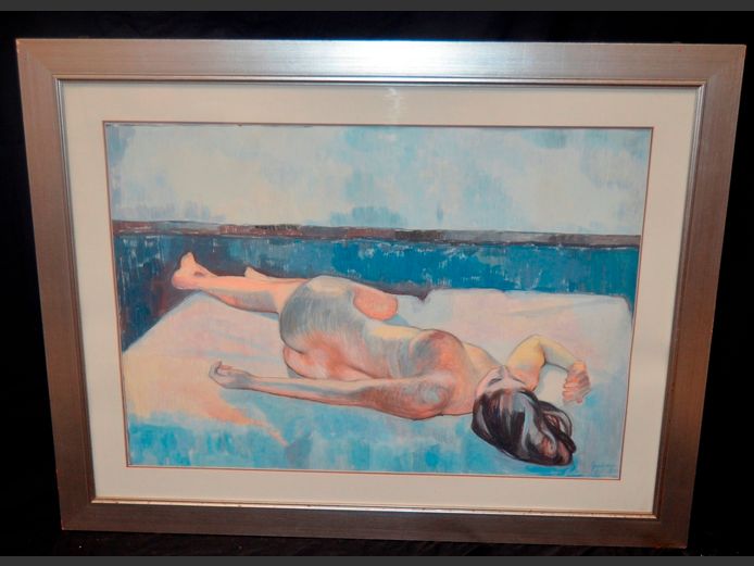 SILVER GILT FRAMED MIXED MEDIA "NUDE STUDY" SIGNED GERBER, 92 x 64cm