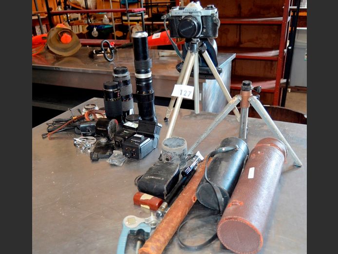 LOT: PENTAX CAMERAS, LENS, TRIPOD, FLASH, etc [Untested]