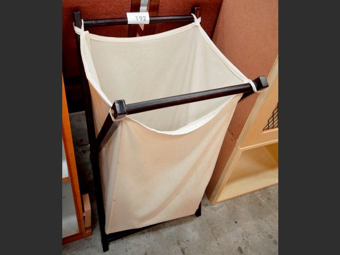 STAINED PINE & FABRIC FOLDING LAUNDRY BASKET, 42 x 36 x 75cm