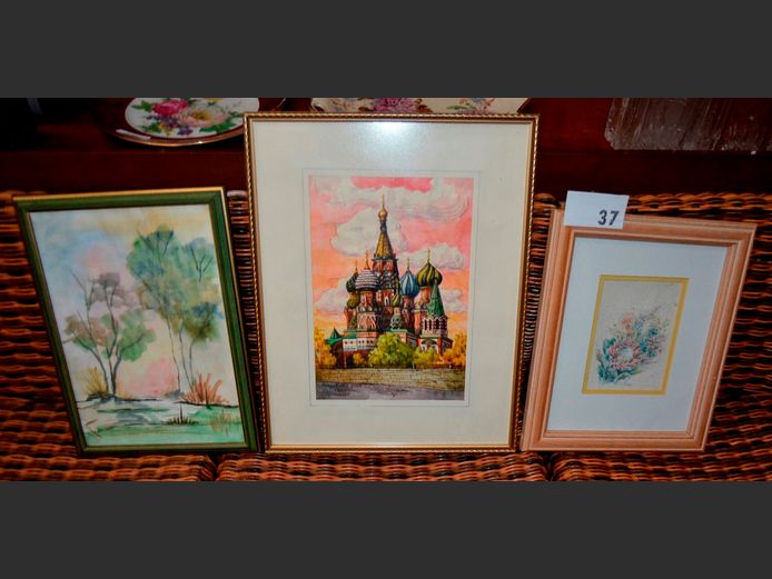 FRAMED WATERCOLOUR "TREES", FRAMED CASTLE PRINT, etc, 29 x 20cm, 27 x 18cm & 14 x 10cm
