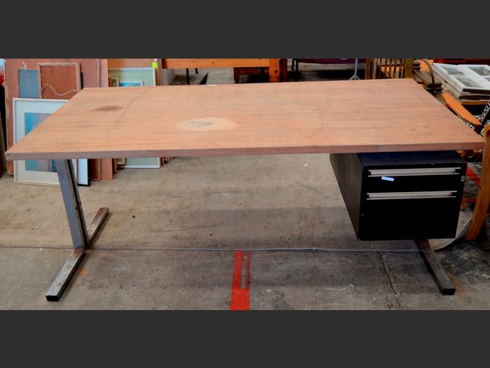 OAK FOIL 2-DRAWER DESK ON METAL BASE, 180 x 90 x 74cm