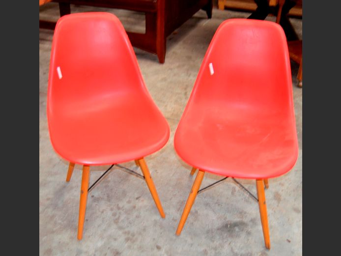 PAIR EIFFEL STYLE RED PLASTIC CHAIRS ON BEECHWOOD LEGS