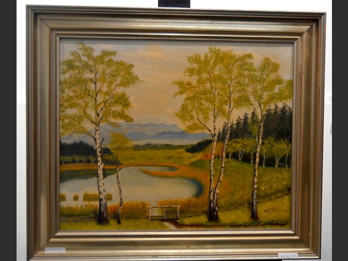 GILT FRAMED OIL ON CANVAS "TREES & LAKE", 53.2 x 43.6cm