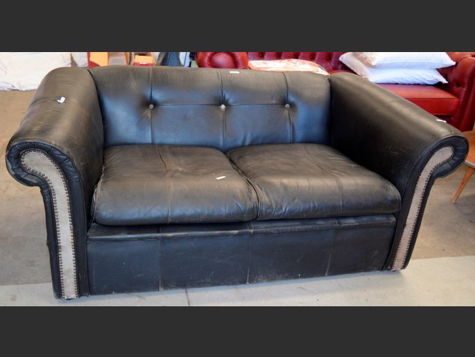BLACK LEATHER 2-SEATER COUCH, 170 x 95cm [In need of attention]