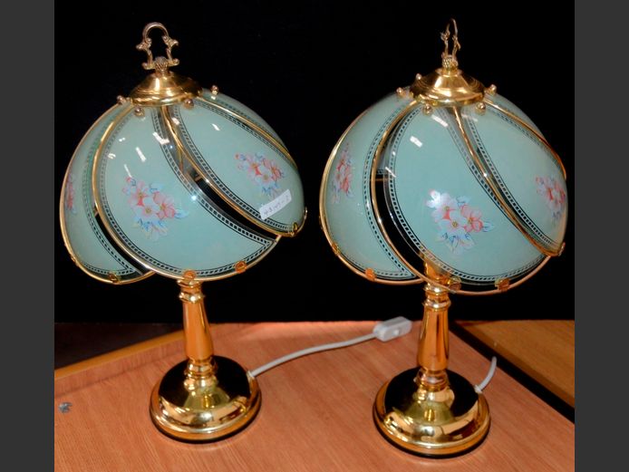 PAIR BRASS PLATED BEDSIDE LAMPS WITH GLASS SHADES, 43cm High