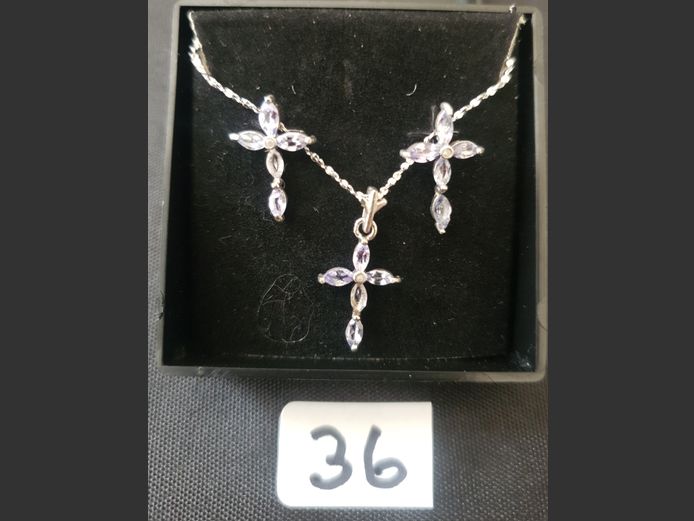 STERLING SILVER 925 NECKLACE & EARRING SET WITH TANZANITES & DIAMONDS
