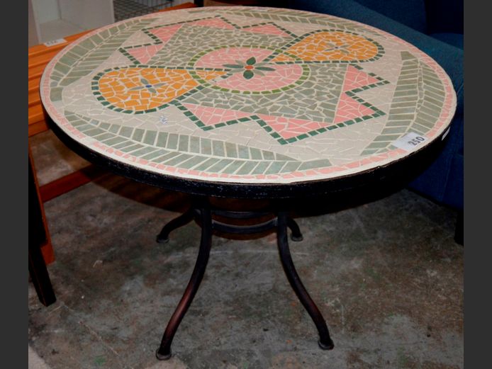 WROUGHT IRON MOSAIC TOP CIRCULAR 4-SEATER TABLE, 92cm Diameter x 68cm High