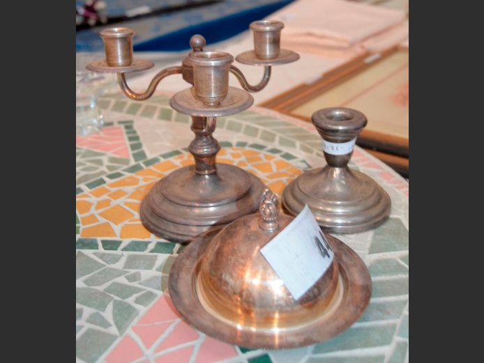 SILVER PLATE: BUTTER DISH WITH LID, 3-ARM CANDELABRA & CANDLESTICK