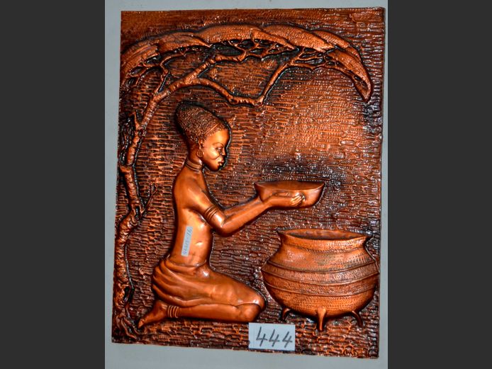 COPPER PICTURE OF AFRICAN GIRL COOKING, 51.5cm 40.5cm
