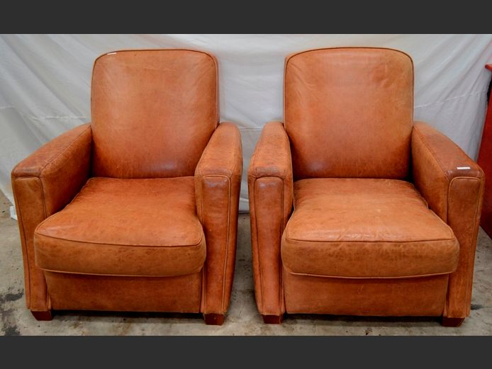 PAIR FLEX STEEL TAN LEATHER UPHOLSTERED ARMCHAIRS [Leather needs a polish]