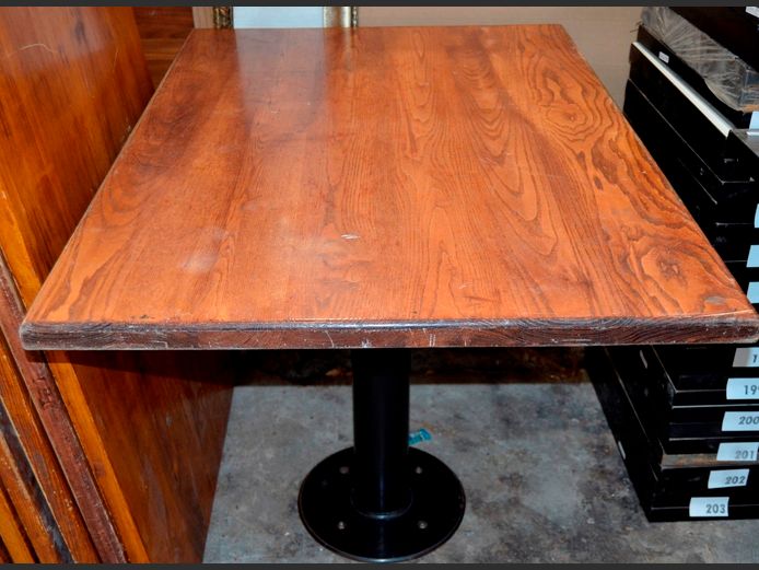 OAK RESTAURANT TABLE ON STEEL BASE, 100 x 75 x 75cm [Top needs attaching, floor mounted]