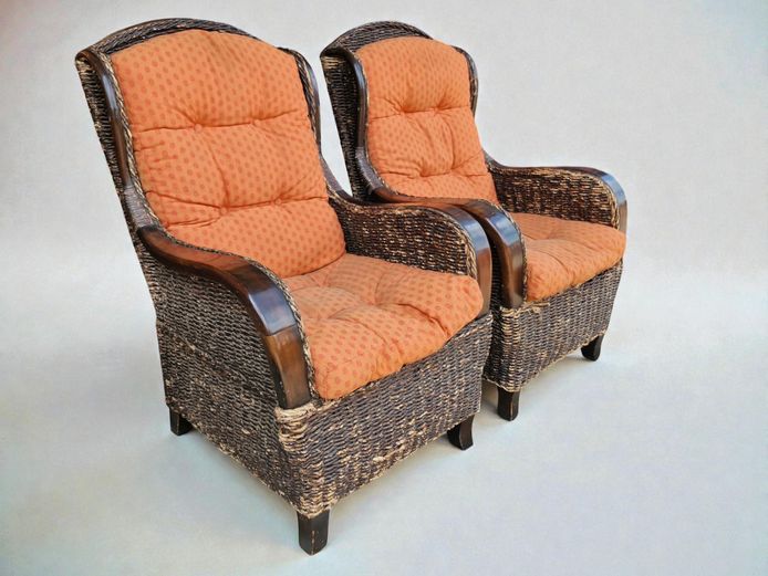 Pair of Wicker Armchairs with Loose Cushions