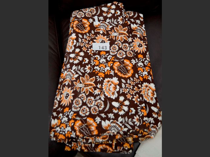 PAIR BROWN & FLORAL LINED CURTAINS