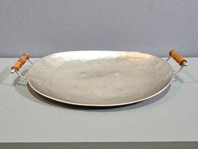 Vintage Hammered & Etched Fruit Bowl with Wooden Handles