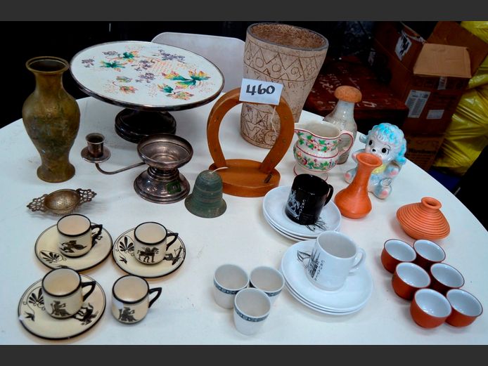 SILVER PLATE TAZZA STAND, BRASS VASE, DEMITASSE CUPS & SAUCERS, etc