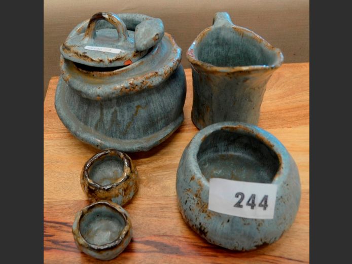 HAND THROWN POTTERY: "SNAKE" BOWL, PITCHER, LIDDED BOWL, etc