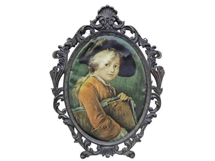 Vintage Italian Brass Oval Frame with Portrait of "The Young Artist"