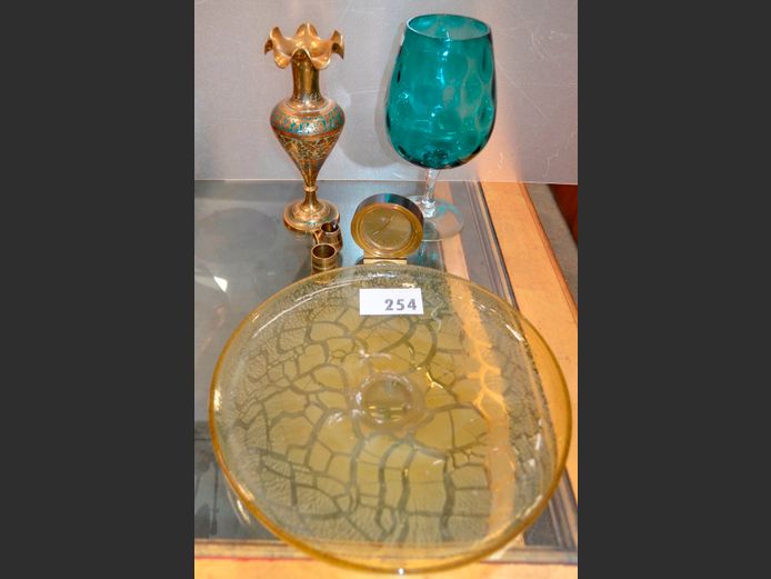 BRASS DELUXE SEVEN JEWELS TRAVELLING CLOCK, BRASS VASE, etc