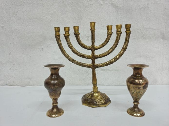 Vintage Brass 7-Branch Menorah and Pair of Etched Miniature Vases