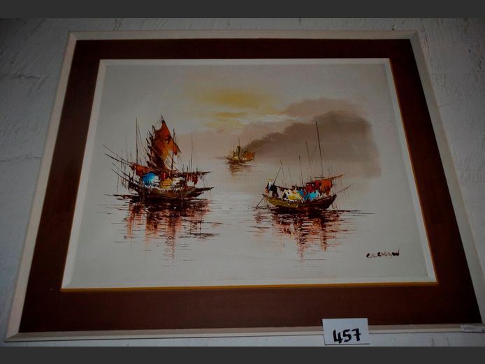 FRAMED OIL ON BOARD "JUNKS", 58.5 x 44cm