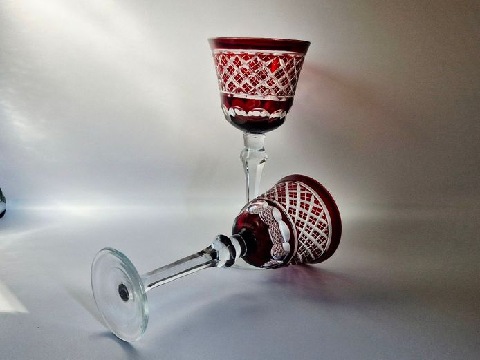 Pair of Vintage Bohemian Ruby Red Cut Crystal Glasses