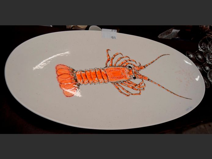 S.GRAFFITO STONEWARE OVAL PLATTER HAND PAINTED BY MARIE VAN DEN BERG "CRAYFISH", 82 x 39cm